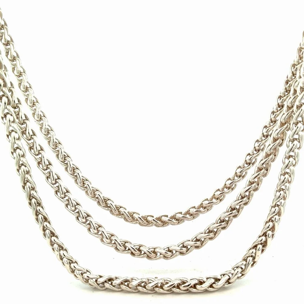 Mignon Faget 925 Sterling Silver Graduated Wheat 3 Chain Link Statement Necklace